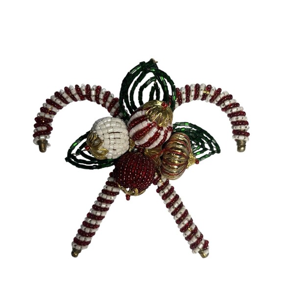 Vintage Pier 1 Beaded Christmas Crossed Candy Cane Ornament Napkin Rings 5pc Set - Picture 1 of 8
